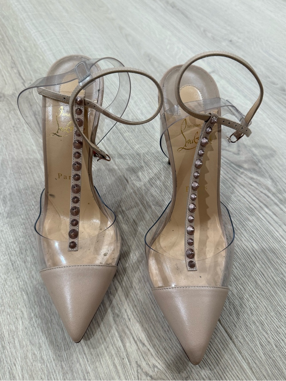 Christian Louboutin Beige Pointed PVC T-Strap Pumps with Rhinestones